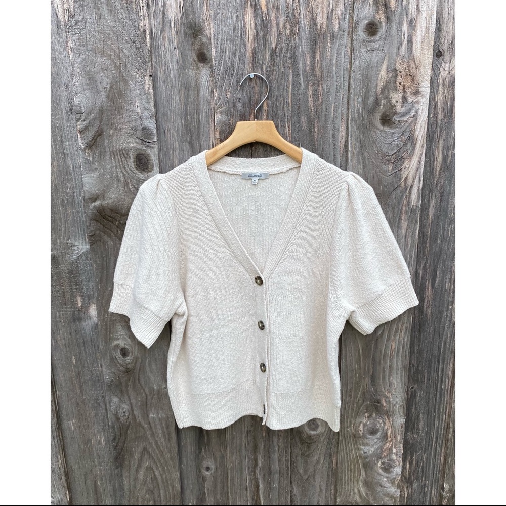Madewell Short Sleeve Knit Button Front Cardigan Sweater Puff Sleeve Cream